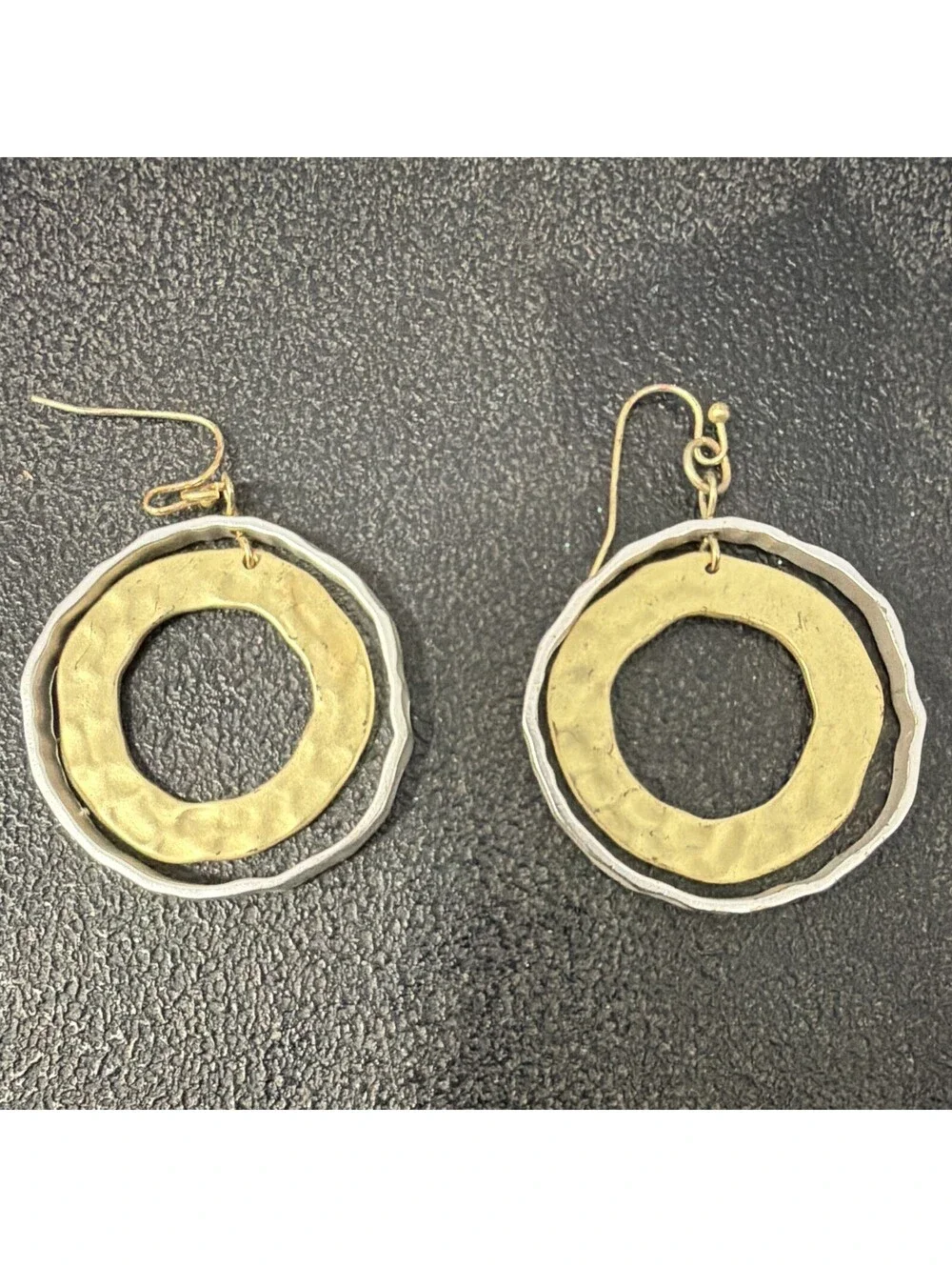 Modern Two Tone Hammered Circle Dangle Earrings Gold & Silver Tone Geometric